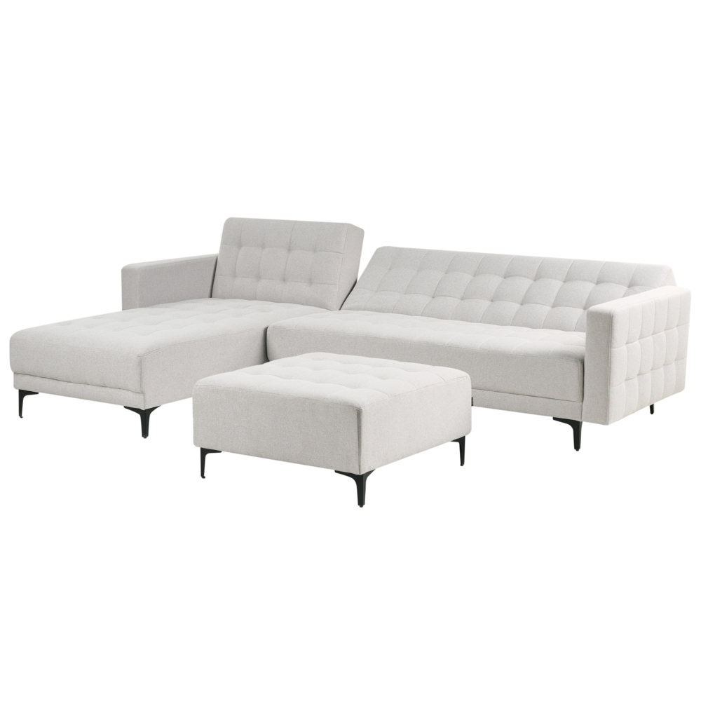 Divano letto angolare destro, tessuto trapuntato grigio chiaro, moderno, modulare a L, 4 posti con chaise longue e pouf