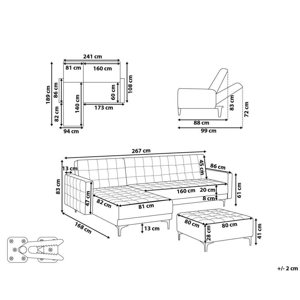 Divano letto angolare destro, tessuto trapuntato grigio chiaro, moderno, modulare a L, 4 posti con chaise longue e pouf