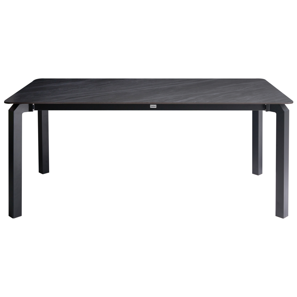 Tavolo da pranzo da giardino piano in pietra sinterizzata nera e struttura in ferro resistente ai raggi UV e alla ruggine interni ed esterni