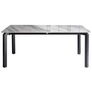 Tavolo da pranzo da giardino piano in pietra sinterizzata nera e bianca lucida e struttura in ferro resistente ai raggi UV e alla ruggine interni ed esterni