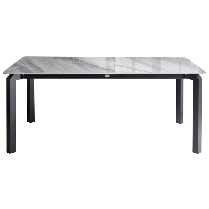 Tavolo da pranzo da giardino piano in pietra sinterizzata nera e bianca lucida e struttura in ferro resistente ai raggi UV e alla ruggine interni ed esterni