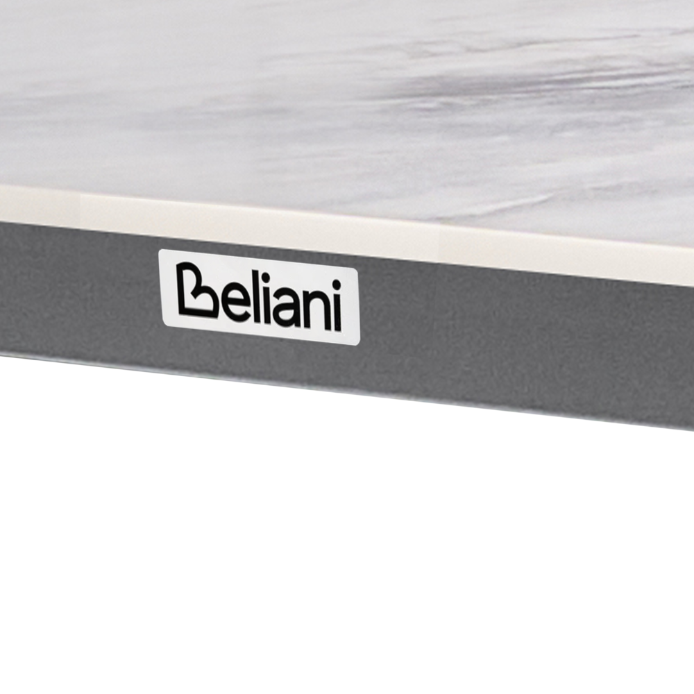 Tavolo da pranzo da giardino piano in pietra sinterizzata nera e bianca lucida e struttura in ferro resistente ai raggi UV e alla ruggine interni ed esterni