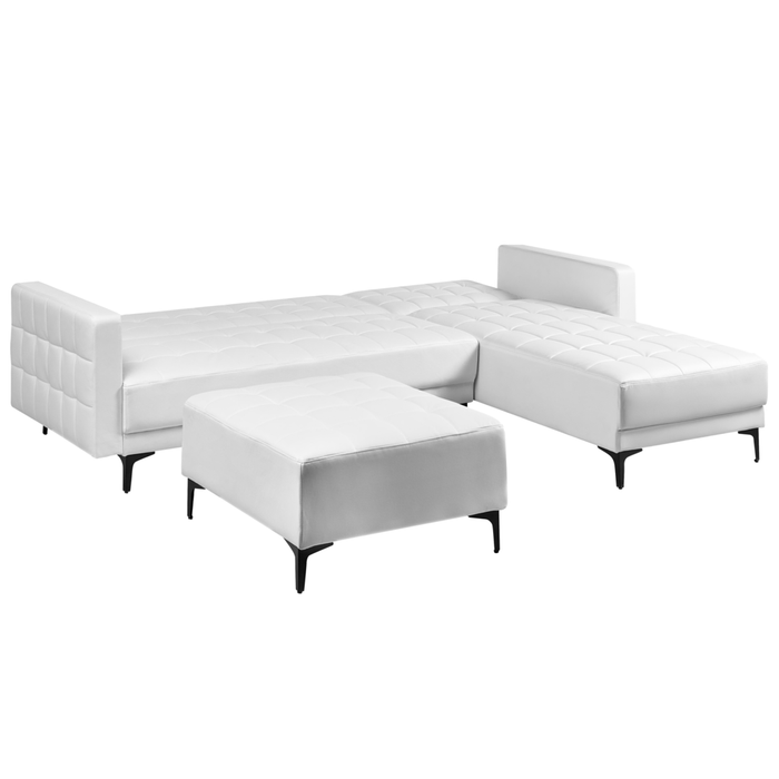 Divano letto angolare in ecopelle bianco versione sinistra con ottomana stile Moderno a L Modulare