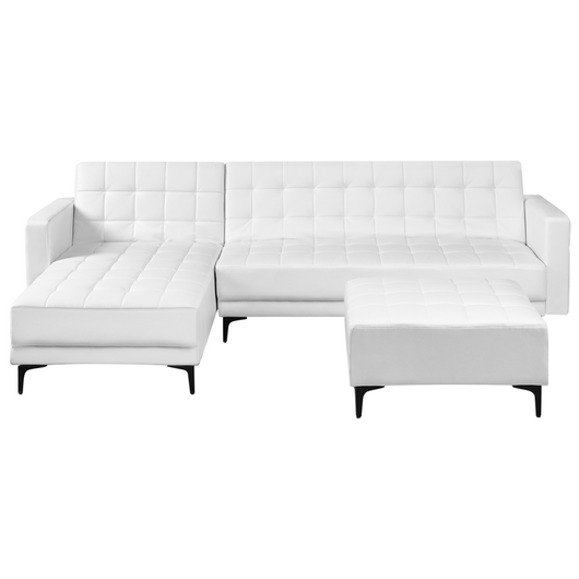 Divano letto angolare in ecopelle bianco versione destra con ottomana stile Moderno a L Modulare