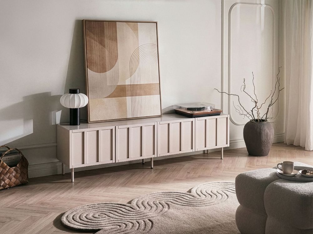 Mobile TV Beige chiaro MDF 4 ante Gambe in metallo Cashmere Design moderno Camera da letto