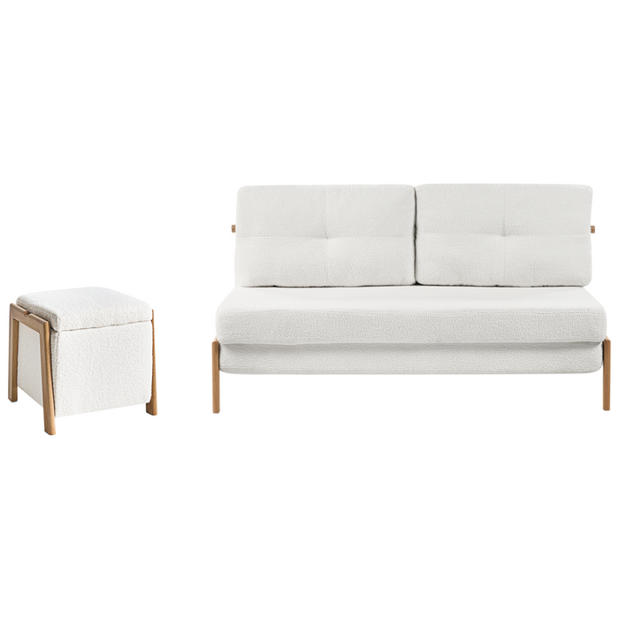 Set divano e pouf Bouclé bianco imbottito Gambe in ferro Funzione letto Contenitore aggiuntivo Stile moderno