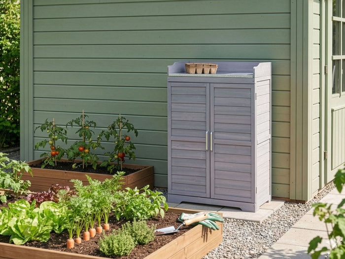 Banco da giardinaggio Legno di abete grigio Mobili da esterno Resistente alle intemperie Dimensioni compatte