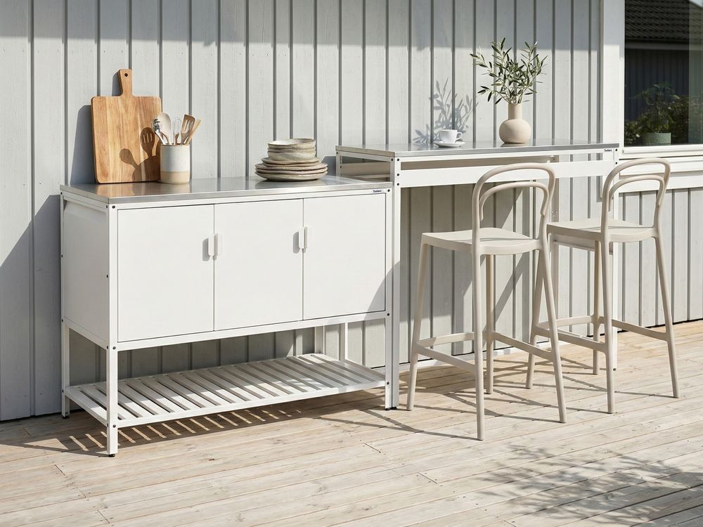 Mobile da cucina da esterno bianco in acciaio inossidabile a 3 ante con piano superiore Cucina da giardino Sala da pranzo