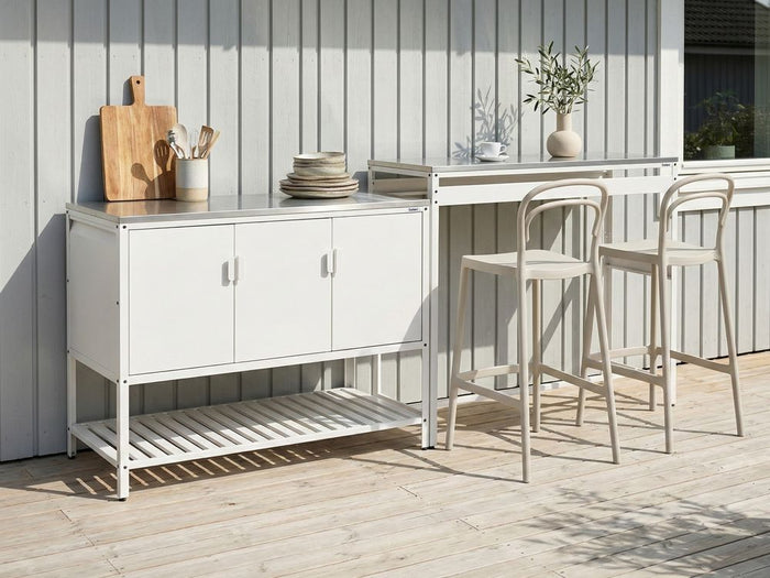 Mobile da cucina da esterno bianco in acciaio inossidabile a 3 ante con piano superiore Cucina da giardino Sala da pranzo