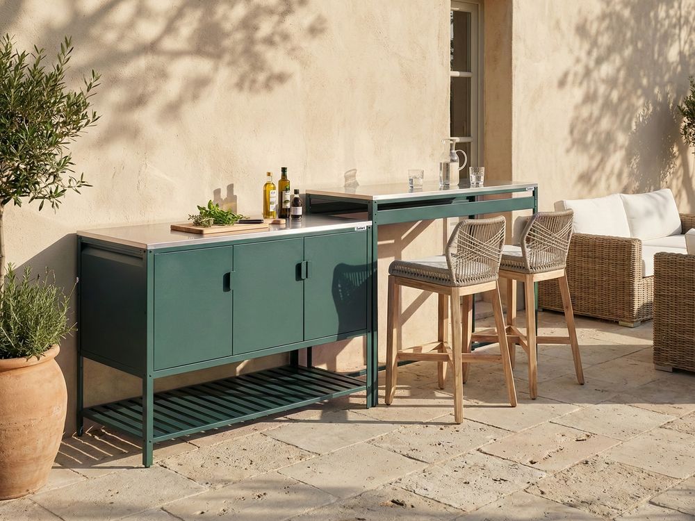 Mobile da cucina da esterno verde in acciaio inossidabile con 3 ante e piano da cucina da giardino