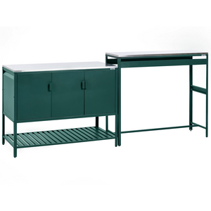 Mobile da cucina da esterno verde in acciaio inossidabile con 3 ante e piano da cucina da giardino
