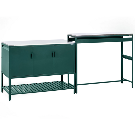 Mobile da cucina da esterno verde in acciaio inossidabile con 3 ante e piano da cucina da giardino