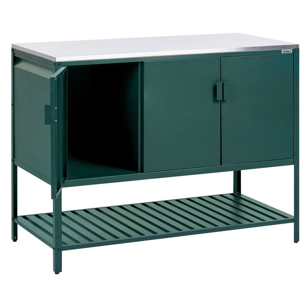 Mobile da cucina da esterno verde in acciaio inossidabile con 3 ante e piano da cucina da giardino