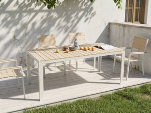 Tavolo da giardino beige in legno e alluminio bianco con telaio in compensato 8 posti resistente alla ruggine e ai raggi UV moderno
