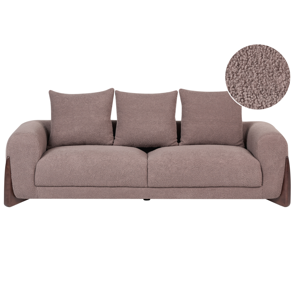 Divano a 3 posti Rivestimento in tessuto bouclè marrone Gambe in legno con braccioli Soggiorno Stile moderno
