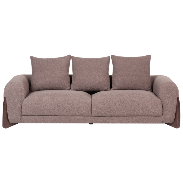 Divano a 3 posti Rivestimento in tessuto bouclè marrone Gambe in legno con braccioli Soggiorno Stile moderno