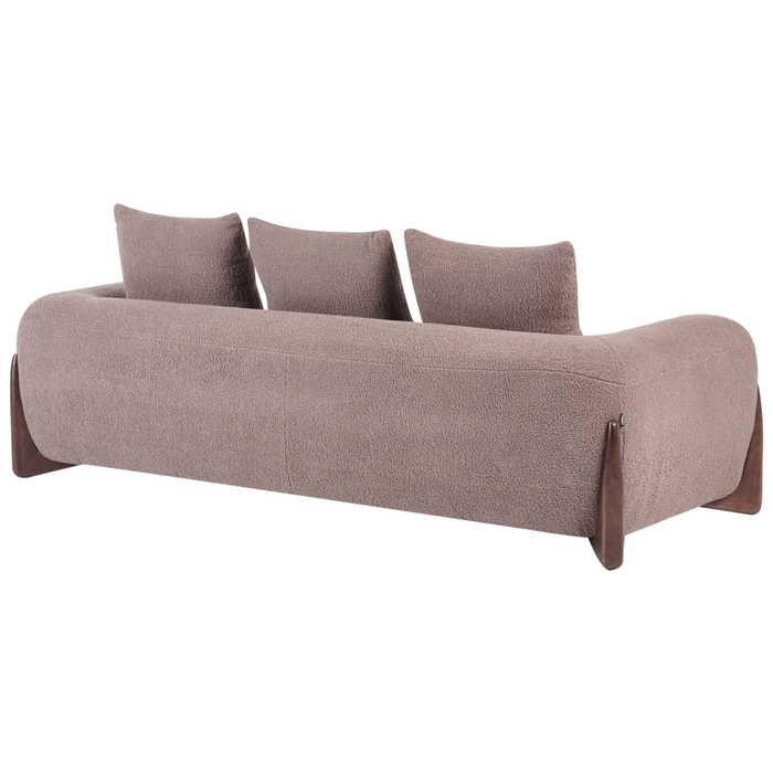 Divano a 3 posti Rivestimento in tessuto bouclè marrone Gambe in legno con braccioli Soggiorno Stile moderno