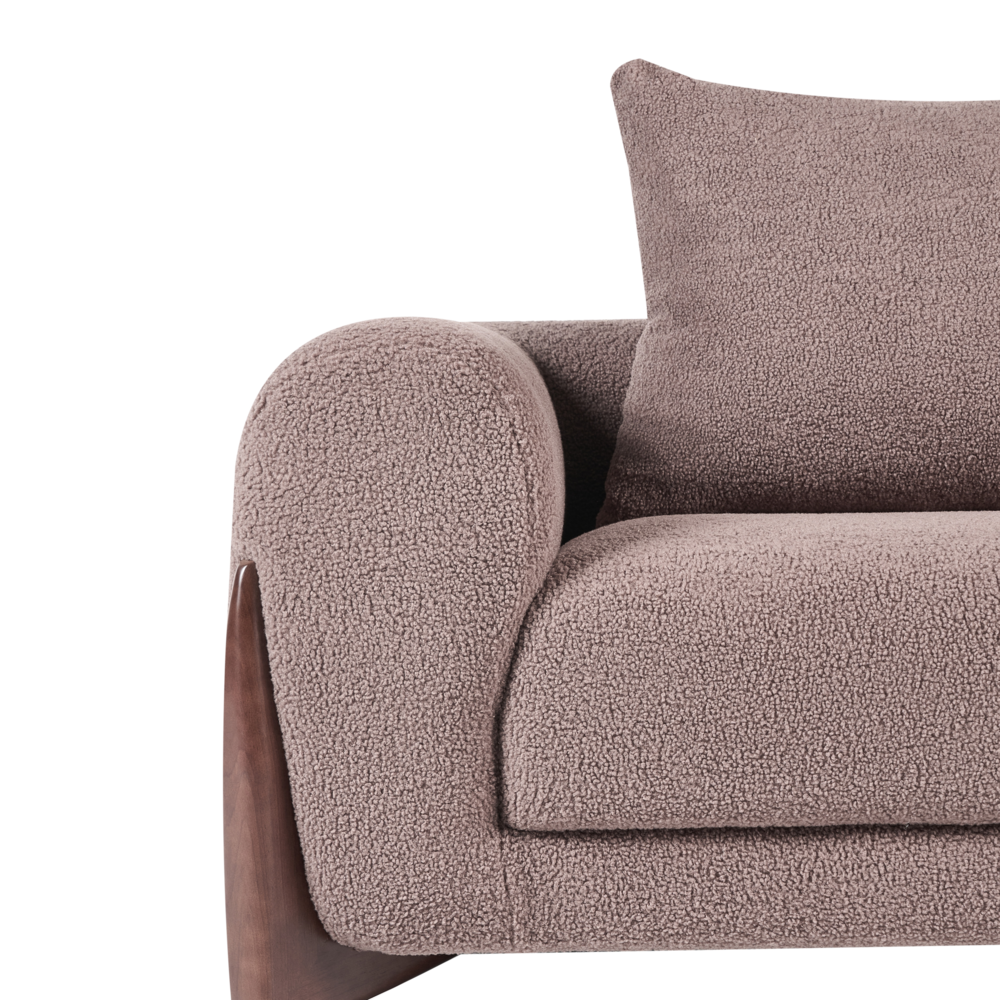 Divano a 3 posti Rivestimento in tessuto bouclè marrone Gambe in legno con braccioli Soggiorno Stile moderno