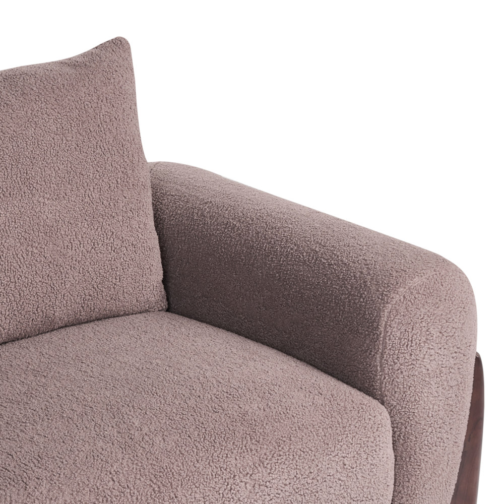 Divano a 3 posti Rivestimento in tessuto bouclè marrone Gambe in legno con braccioli Soggiorno Stile moderno