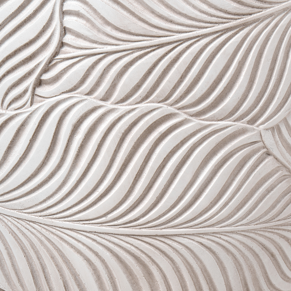 Vaso da fiori beige chiaro in fibra di argilla verniciata per interni ed esterni, rotondo, 42 x 42 x 42 cm, motivo a foglie