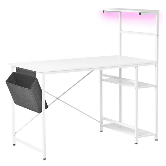 Scrivania Gaming LED Bianca con Piano in MDF Struttura e Gambe in Ferro Verniciato Tasca Laterale Stile Moderno