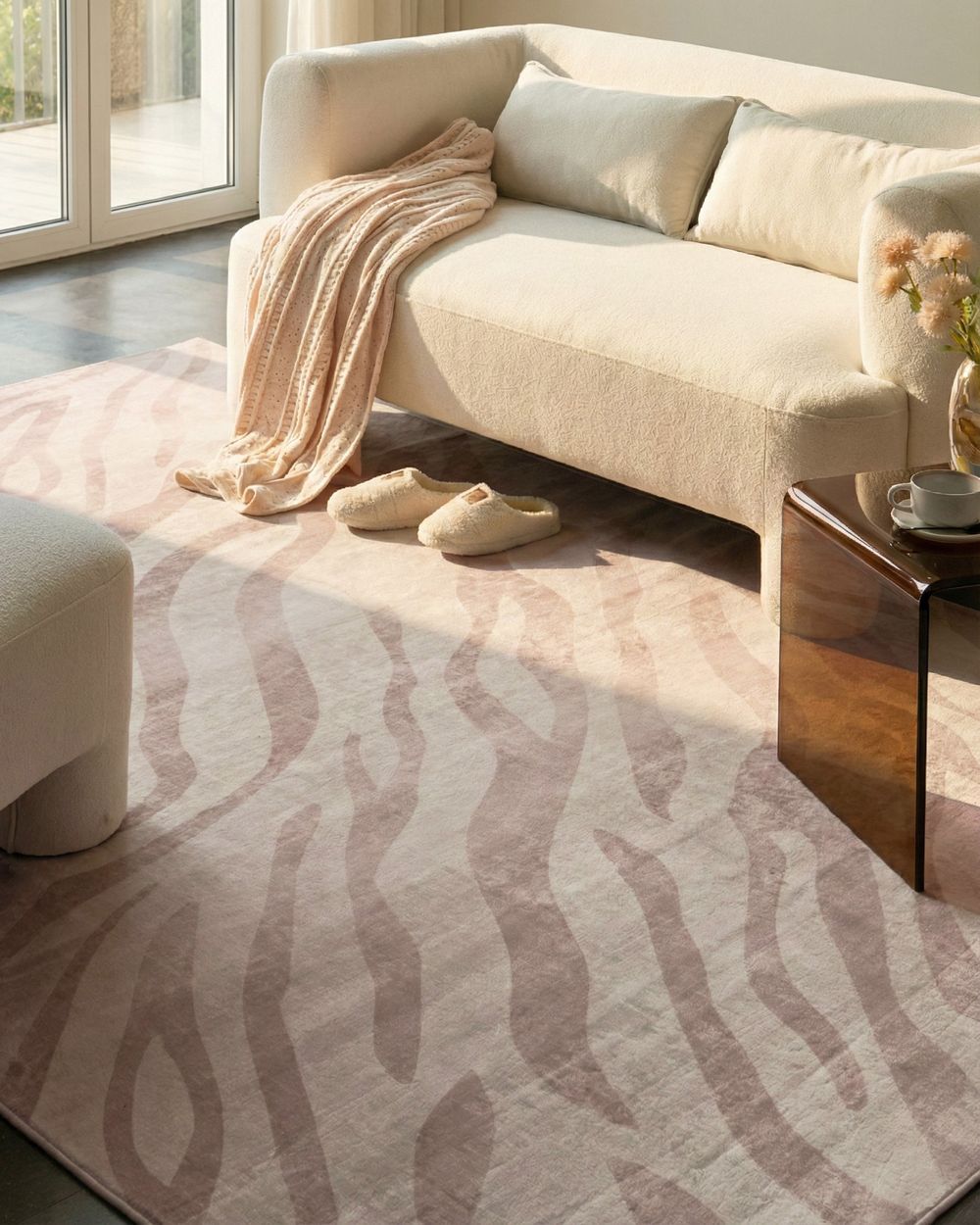 Tappeto tessuto beige 200 x 300 cm Moderno motivo zebrato Soggiorno Camera da letto Per riscaldamento a pavimento Fondo antiscivolo