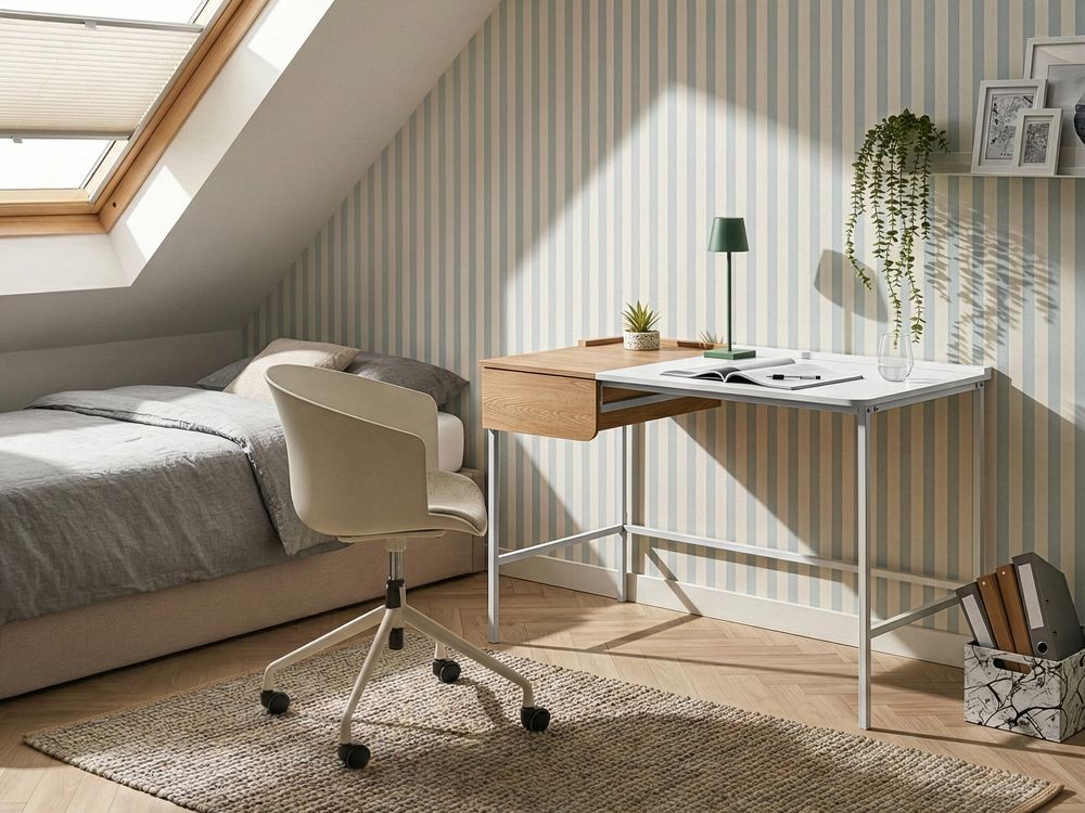 Scrivania da ufficio per casa in truciolare bianco con gambe in ferro 120 x 60 cm con cassetto Minimalista