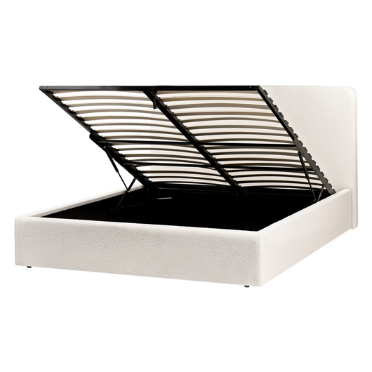 Letto matrimoniale con rivestimento in tessuto boucle bianco sporco con contenitore stile 140 x 200 cm boho