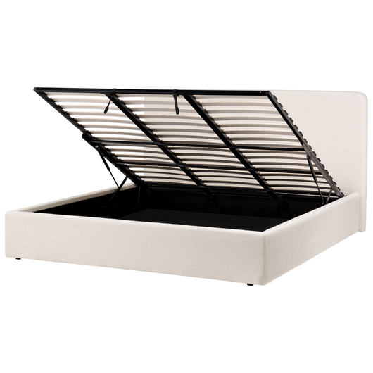 Letto matrimoniale con rivestimento in tessuto boucle bianco sporco con contenitore stile 180 x 200 cm boho