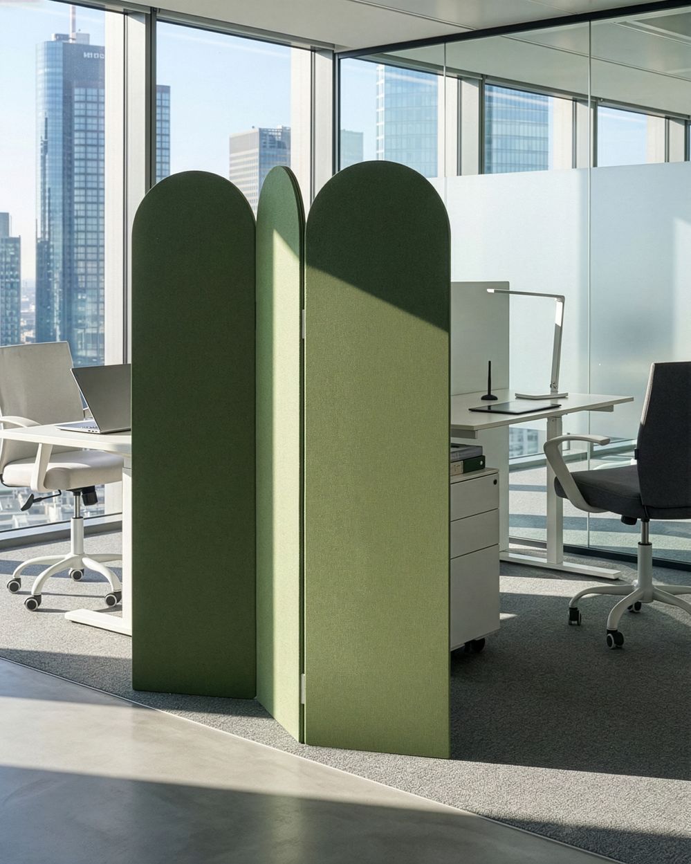 Divisorio pieghevole a 3 pannelli con struttura in acciaio poliestere verde ufficio domestico stile moderno