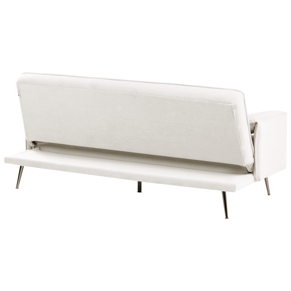 Divano letto bianco sporco Rivestimento in tessuto Gambe in legno 3 posti con braccioli regolabili Click-Clack Meccanismo Idrorepellente Soggiorno Camera da letto