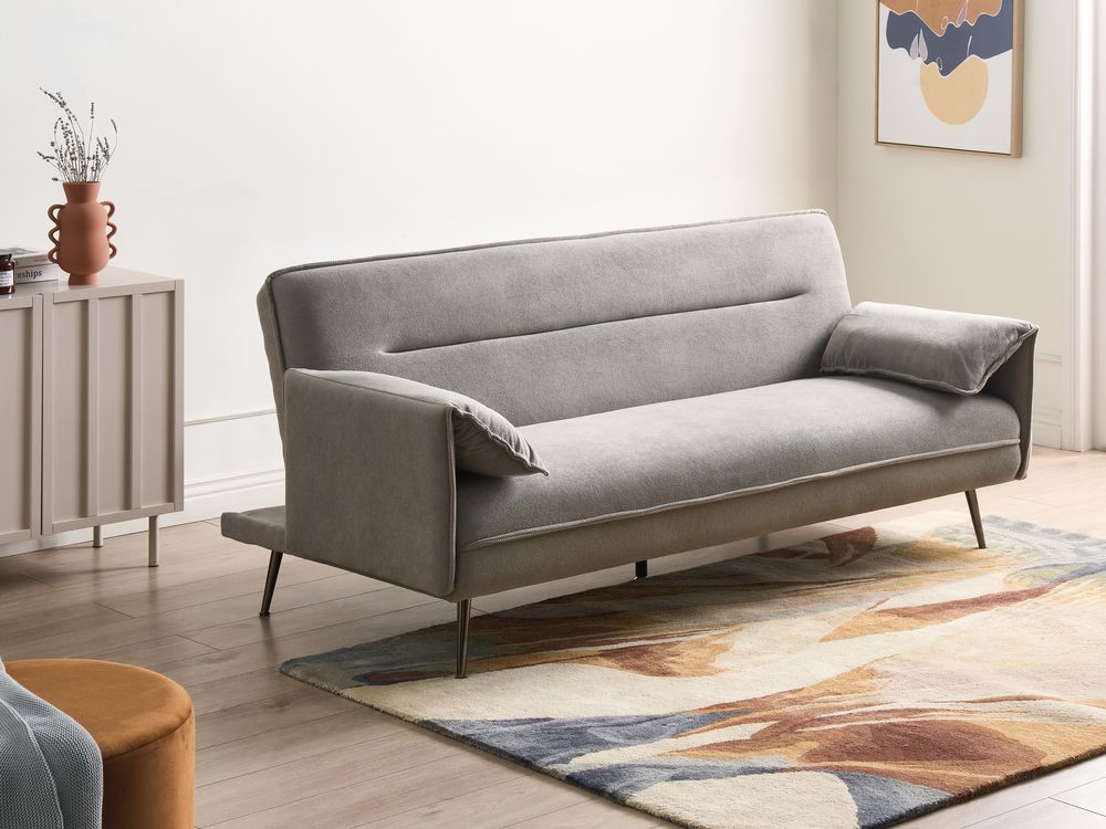 Divano letto grigio Rivestimento in tessuto Gambe in legno 3 posti con braccioli regolabili Click-Clack Meccanismo Idrorepellente Soggiorno Camera da letto