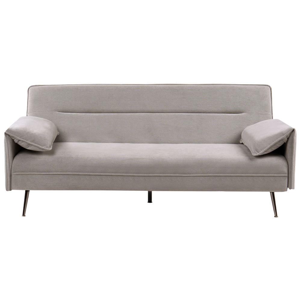 Divano letto grigio Rivestimento in tessuto Gambe in legno 3 posti con braccioli regolabili Click-Clack Meccanismo Idrorepellente Soggiorno Camera da letto