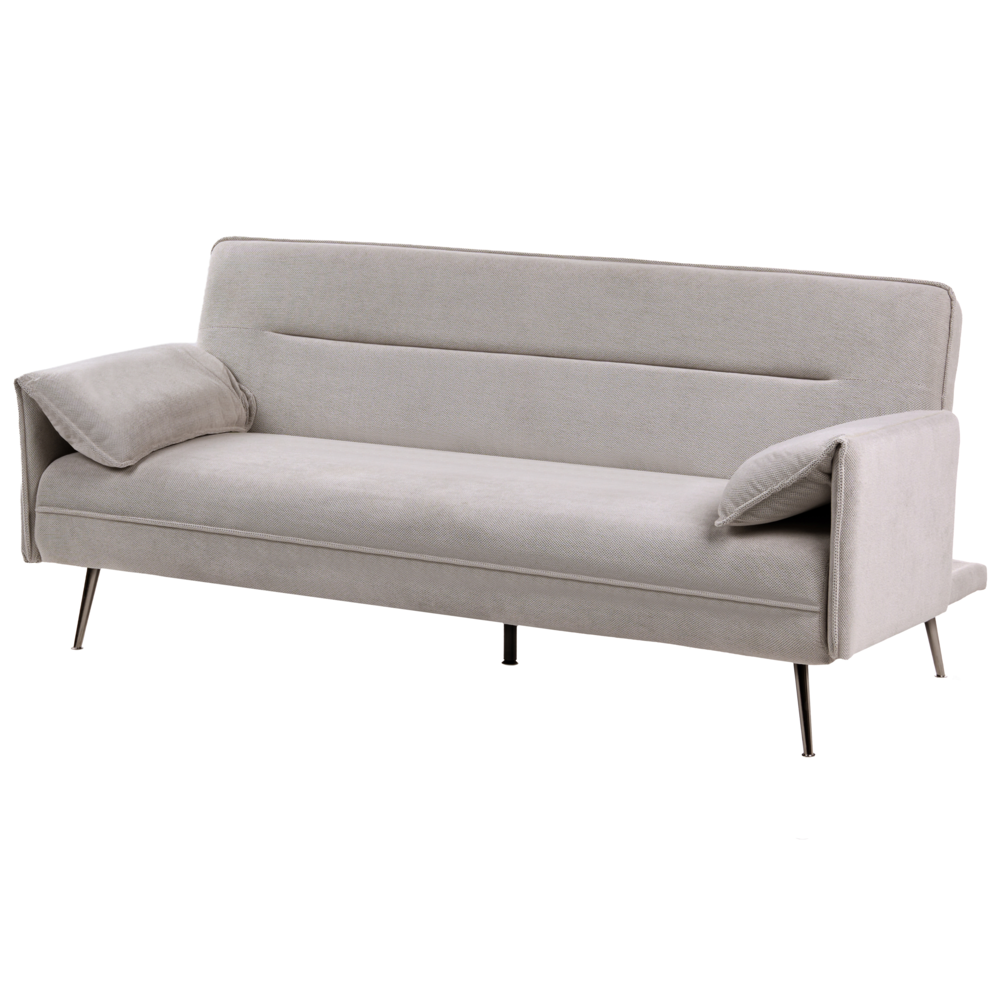 Divano letto grigio Rivestimento in tessuto Gambe in legno 3 posti con braccioli regolabili Click-Clack Meccanismo Idrorepellente Soggiorno Camera da letto