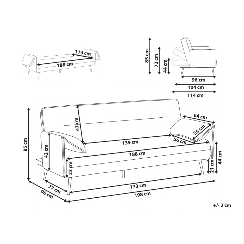 Divano letto grigio Rivestimento in tessuto Gambe in legno 3 posti con braccioli regolabili Click-Clack Meccanismo Idrorepellente Soggiorno Camera da letto