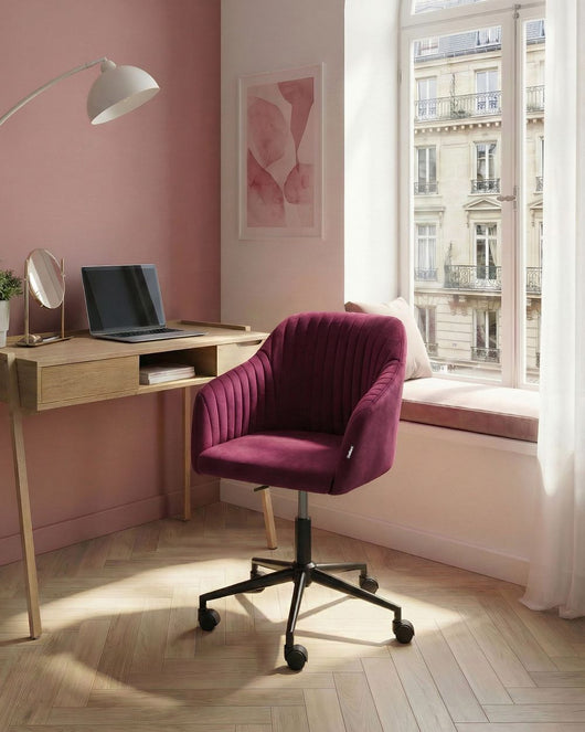 Sedia da ufficio girevole in velluto bordeaux, altezza regolabile, schienale trapuntato, stile glamour