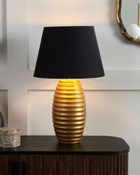 Lampada da tavolo Lampada da comodino con paralume in tessuto Nero con base in ceramica dorata