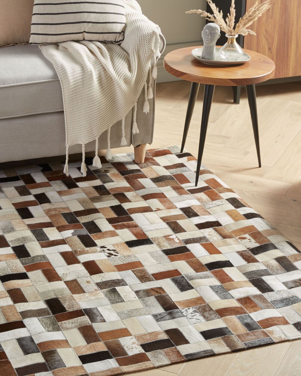 Tappeto tappetino Pelle Bovina Marrone e Beige 160 x 230 cm Rettangolare Patchwork Fatto a Mano