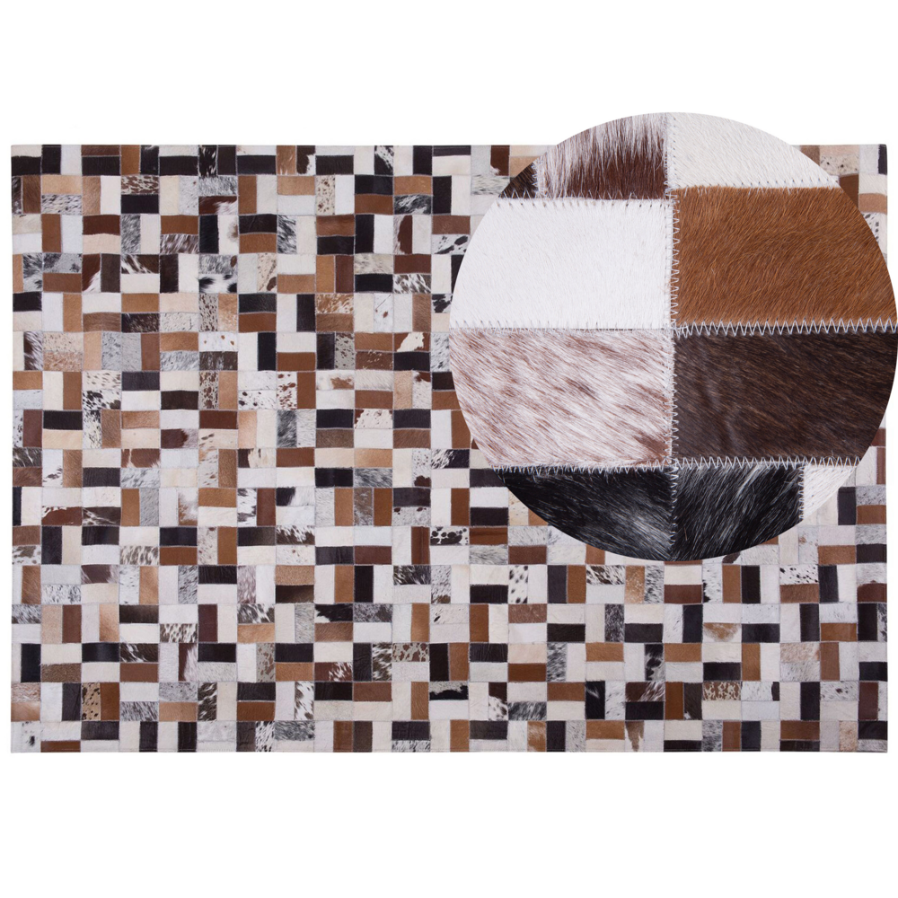 Tappeto tappetino Pelle Bovina Marrone e Beige 160 x 230 cm Rettangolare Patchwork Fatto a Mano