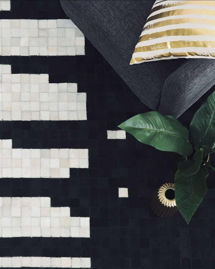 Tappeto tappetino Pelle Bovina Nera e Bianca 80 x 150 cm Rettangolare Motivo Geometrico Astratto Fatto a Mano