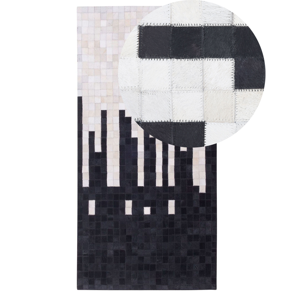 Tappeto tappetino Pelle Bovina Nera e Bianca 80 x 150 cm Rettangolare Motivo Geometrico Astratto Fatto a Mano