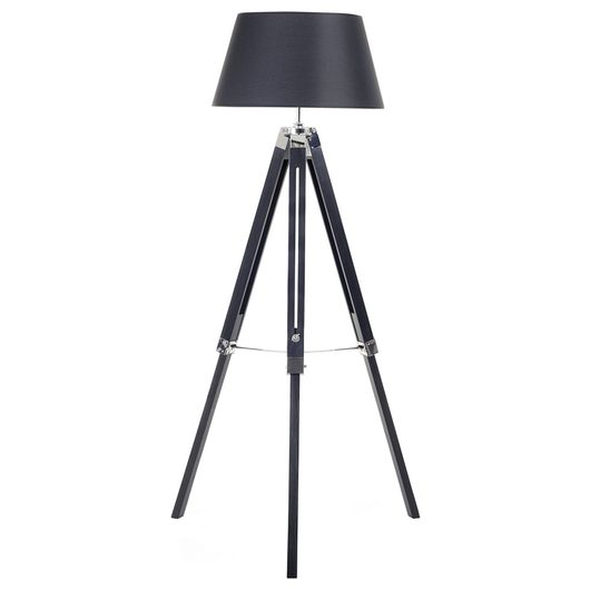Lampada da Terra Nero Policotone Paralume Gambe in Legno 143 cm Treppiede Moderno Stile Industriale Soggiorno Camera da Letto