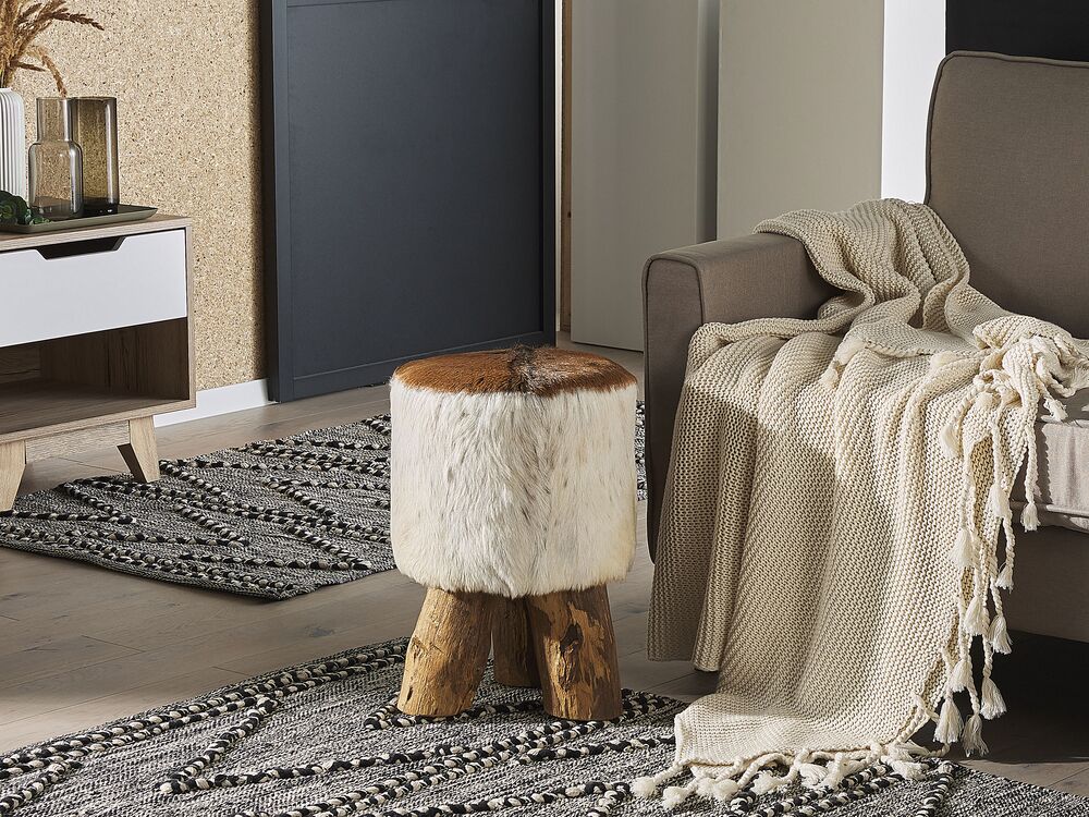 Poggiapiedi in Pelle Motivo Mucca e Legno di Teak Gambe Treppiede Rustico