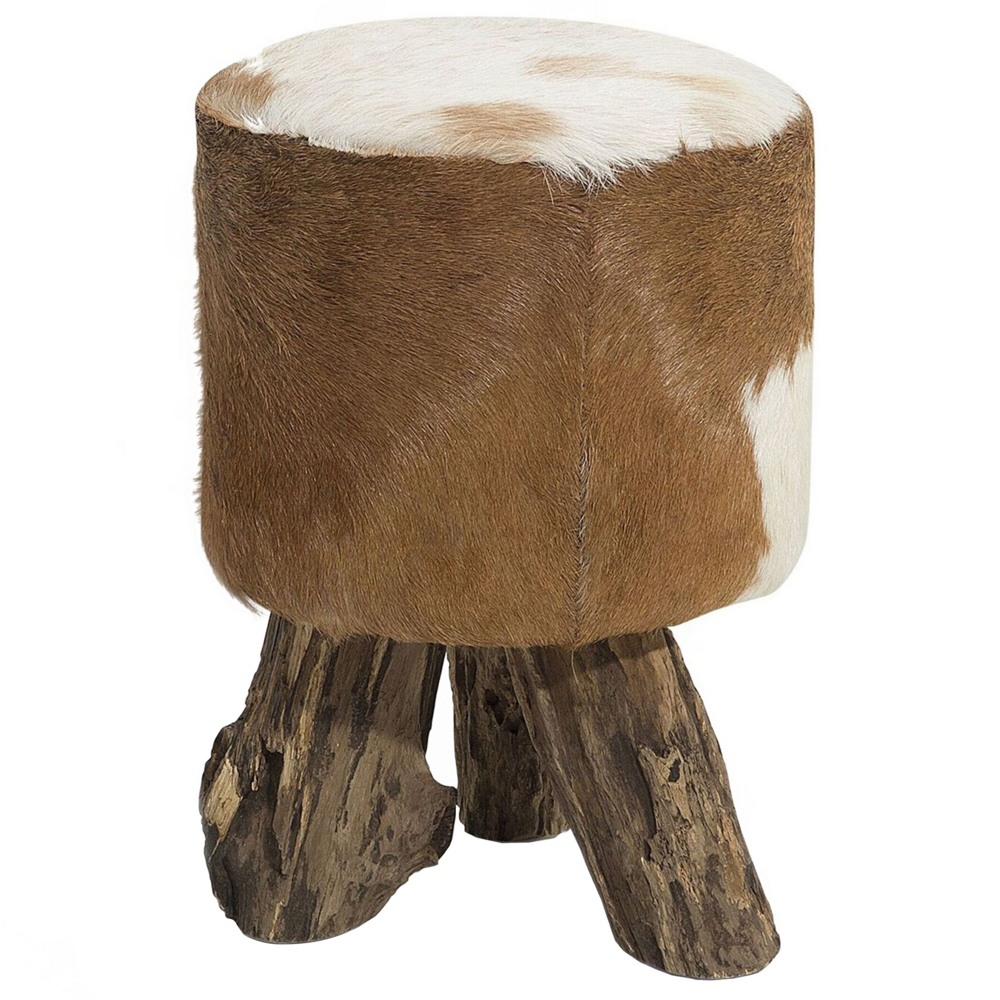 Poggiapiedi in Pelle Motivo Mucca e Legno di Teak Gambe Treppiede Rustico