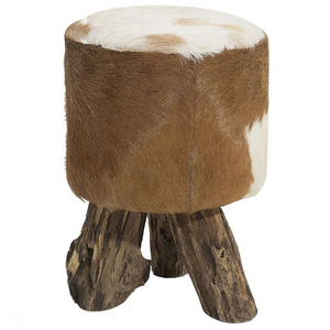Poggiapiedi in Pelle Motivo Mucca e Legno di Teak Gambe Treppiede Rustico