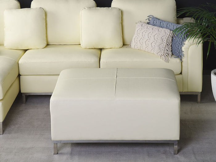 Pouf Beige Poggiapiedi Imbottito In Vera Pelle Rettangolare Minimalista Moderno