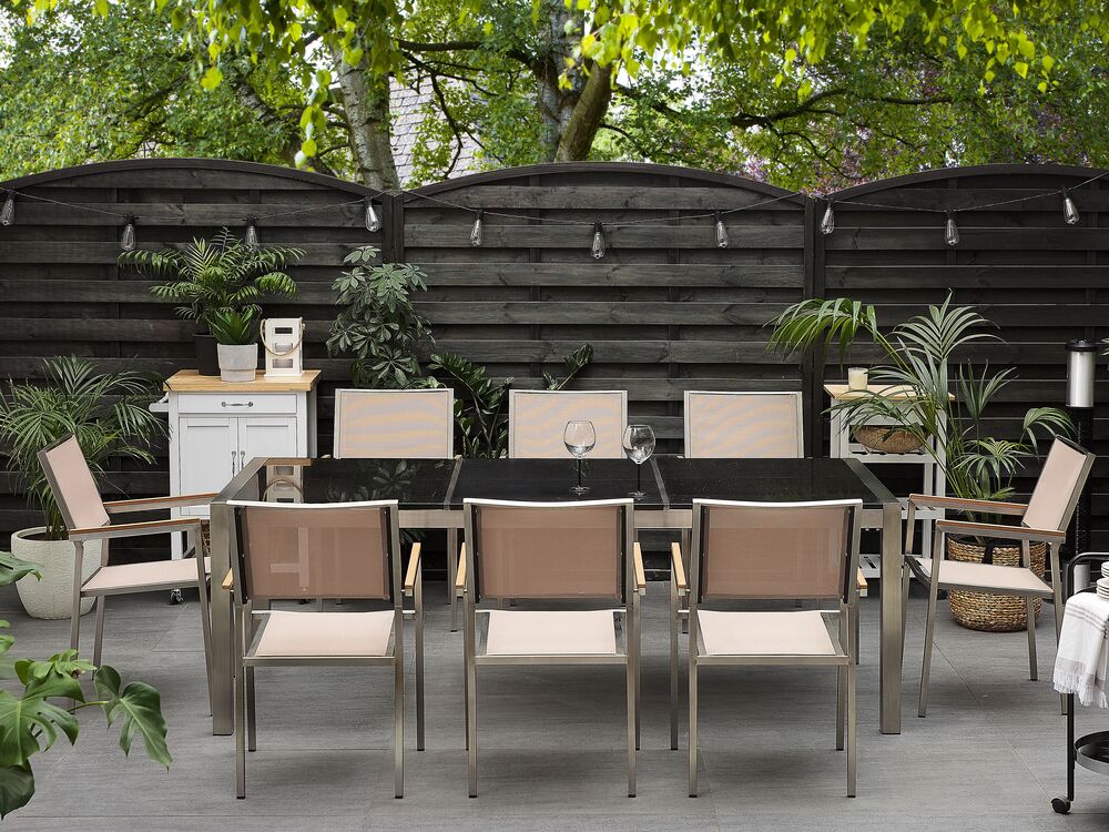 Set da pranzo da giardino beige con piano in granito Nero 8 posti 220 x 100 cm piastra tripla