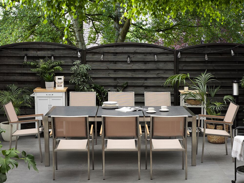 Set da pranzo da giardino beige con piano in granito fiammato 8 posti 220 x 100 cm