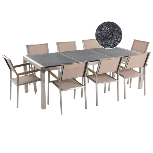 Set da pranzo da giardino beige con piano in granito fiammato 8 posti 220 x 100 cm