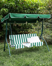 Altalena da giardino per patio con struttura in acciaio a rete a righe verdi a 3 posti con baldacchino
